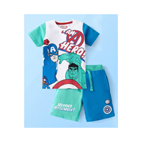 Babyhug Marvel Single Jersey Knit Half Sleeves T-Shirt And Shorts Set with Avengers Graphics - White Blue & Green