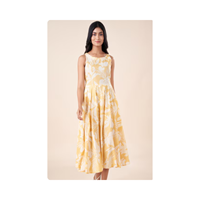 Yellow Printed Boat Neck Casual Calf Length Sleeveless Women Regular Fit Ethnic Dresses