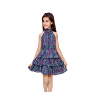 Medium Blue Printed Knee Length Casual Girls Regular Fit Dresses