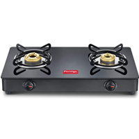 Prestige IRIS Toughened Glass-Top 2 Brass Burner LPG Gas Stove | Black | Spill Proof | Ergonomic Knobs | Tri-Pin Brass Burners |Open