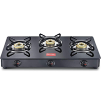 Prestige IRIS Toughened Glass-Top 3 Brass Burner LPG Gas Stove | Black Spill Proof Design | Ergonomic Knob | Tri-Pin Burners |Open